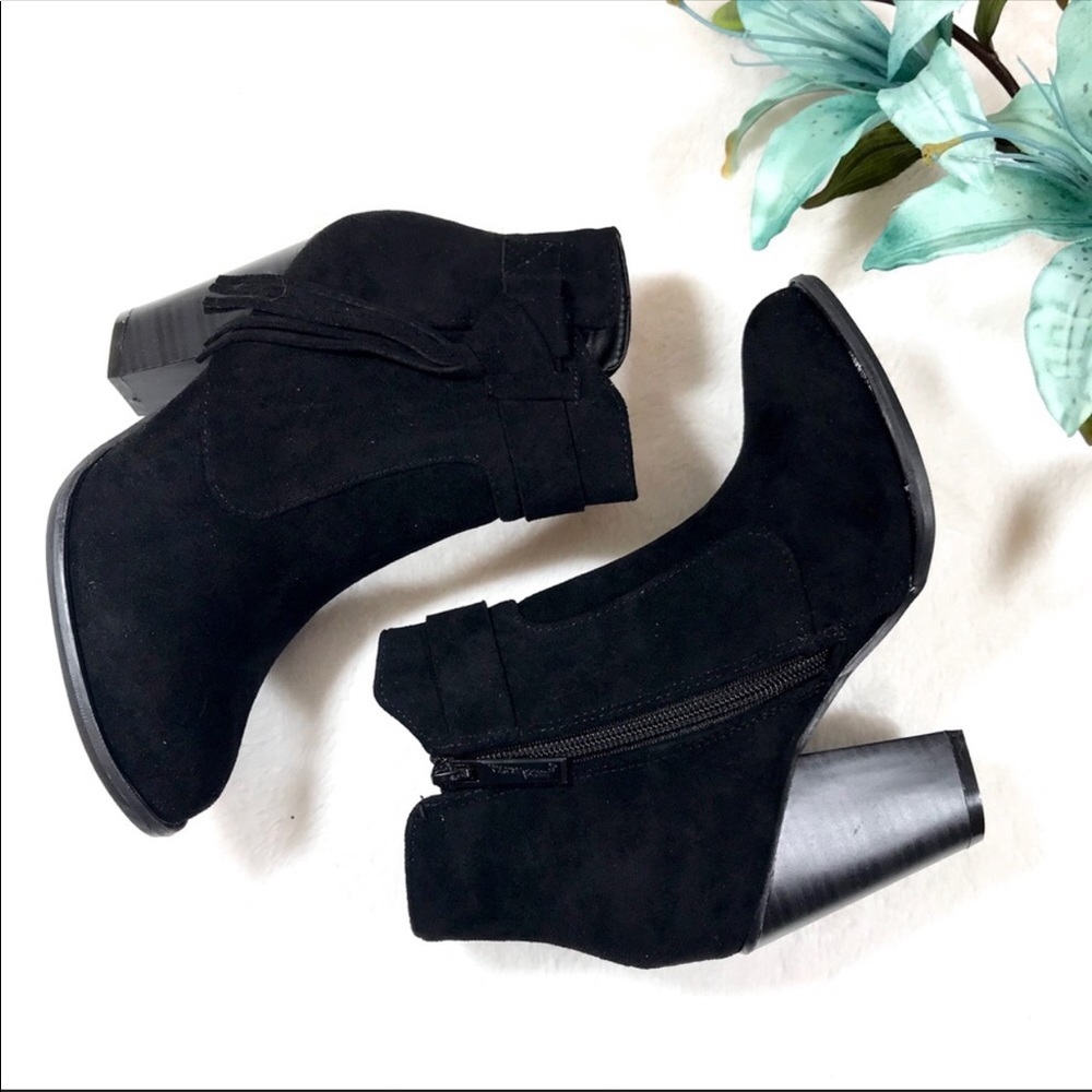 Black Suede Fringe Booties - Picture 2 of 6